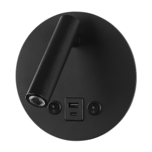 Round Wall Reading Light with Backlighting, USB & USB-C Port, Matt Black, 2W+6W LED