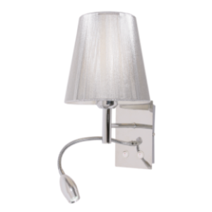 Polished Chrome Wall Fitting with Silver Thread Shade, Gooseneck Arm for LED and two Switches, 1x 40W ES, 1x 1W LED