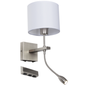 Satin Chrome Wall Bracket with White Fabric Shade, Gooseneck Arm for LED USB and 2 Switches, 1x 40W/11W ES (Not Included) 1x 1W LED (Included)