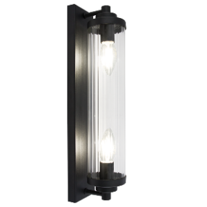 Metal Wall Bracket with Clear Fluted Glass, Black, 2x 40W SES (E14) (Not Included)