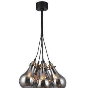 Pendant 5x light, Grey Glass/Matt Black