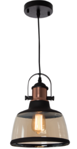 Metal Pendant with Cognac Colour Glass, Black, 1x 60W/11W ES (Not Included)