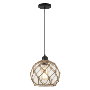 Metal Pendant with Clear Glass and Rope, Matt Black