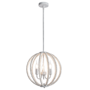 Metal and Wood Bead Chandelier, White Washed, 3x 40W SES (11W)