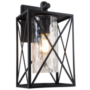 Down Facing Metal Lantern with Textured Clear Glass, Black, 1x 60W (11W) ES