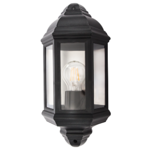 PVC Half Lantern, 3 Clear Polycarbonate Panels, Black, 1x 15W ES (Energy Saver only)